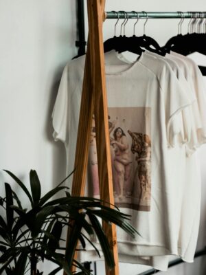 Stylish indoor clothing rack featuring white t-shirts with classical art prints in a minimalist setting.